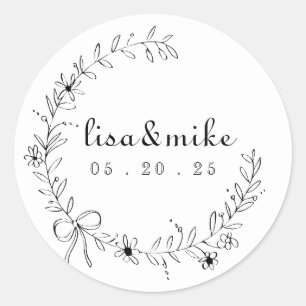 Pegatina Redonda Boda Floral and Bow Wreath