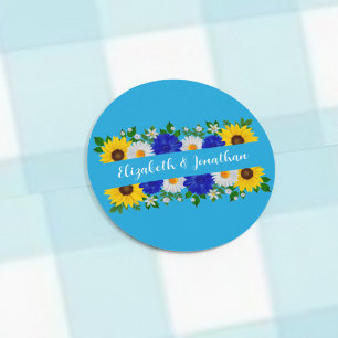 Pegatina Redonda Boda floral azul cielo de verano