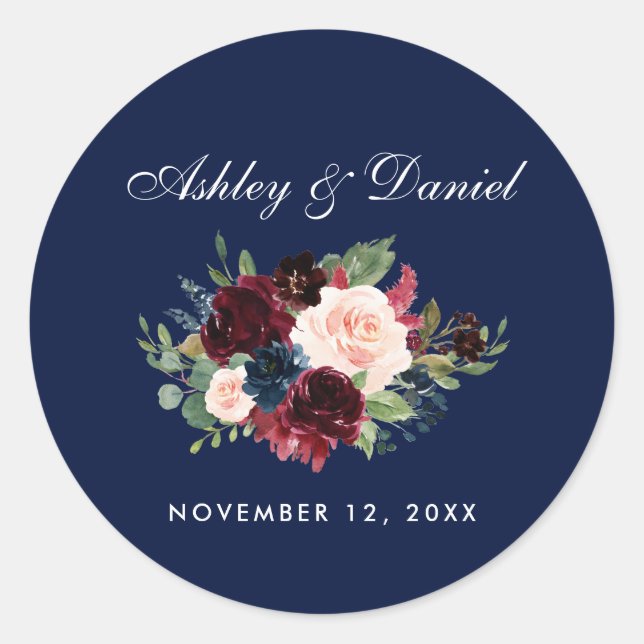 Pegatina Redonda Boda Floral Azul de Borgoña (Anverso)