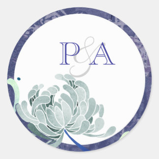 Pegatina Redonda Boda Floral Azul Dusto Monogramos