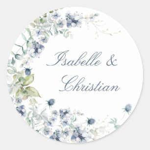 Pegatina Redonda Boda Floral Azul Dusty