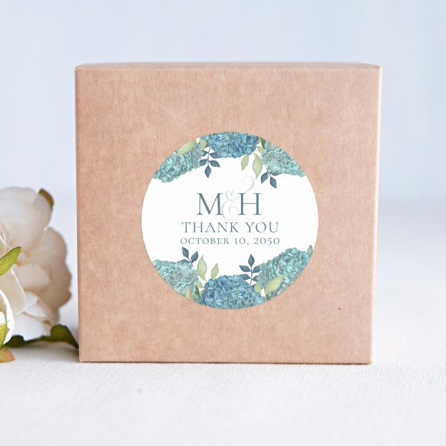 Pegatina Redonda Boda Floral Azul Gracias Personalizado (Blue hydrangea wedding favor custom sticker)