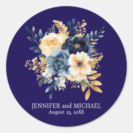 Pegatina Redonda Boda floral azul marino y dorado
