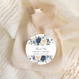 Pegatina Redonda Boda Floral Azul Polvo, Marineroy Rosa Marfil