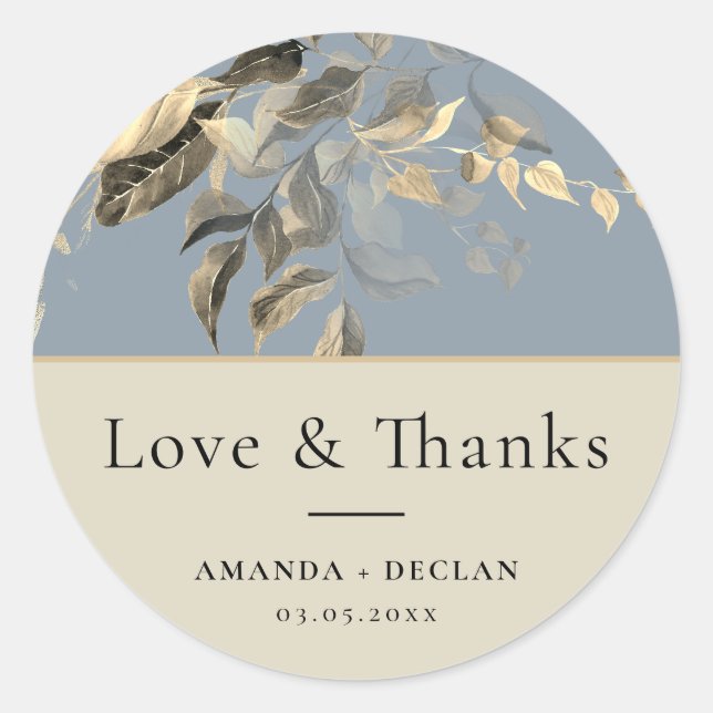 Pegatina Redonda Boda Floral azul turbulento de hojas silvestres (Anverso)