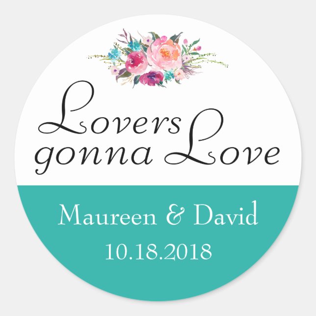 Pegatina Redonda Boda floral azul verde azulado (Anverso)