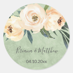 Pegatina Redonda Boda floral beige rosado y verde