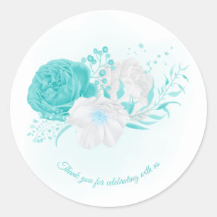 Pegatina Redonda boda floral blanco turquesa