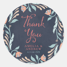 Pegatina Redonda Boda Floral Bluish Chalkboard