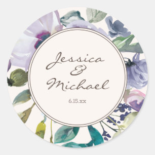 Pegatina Redonda Boda Floral Boho Acuarela Morado Lila