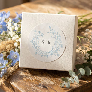 Pegatina Redonda Boda Floral Boho Azul Suave Monograma Personalizad