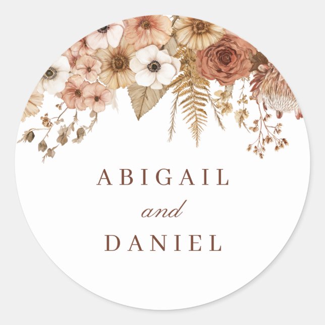 Pegatina Redonda Boda floral boho elegante  (Anverso)