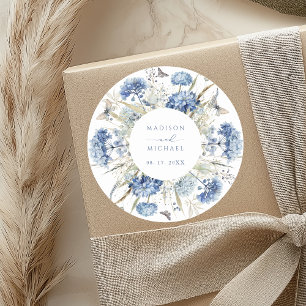 Pegatina Redonda Boda Floral Boho Flor de Campo Azul Polvoriento