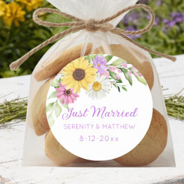 Pegatina Redonda Boda Floral Boho Girasol Margarita Recién Casados