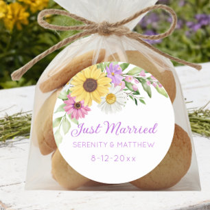 Pegatina Redonda Boda Floral Boho Girasol Margarita Recién Casados