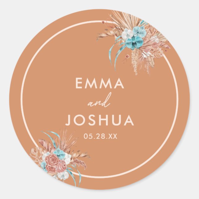 Pegatina Redonda Boda Floral Boho Terrosa Elegante (Anverso)
