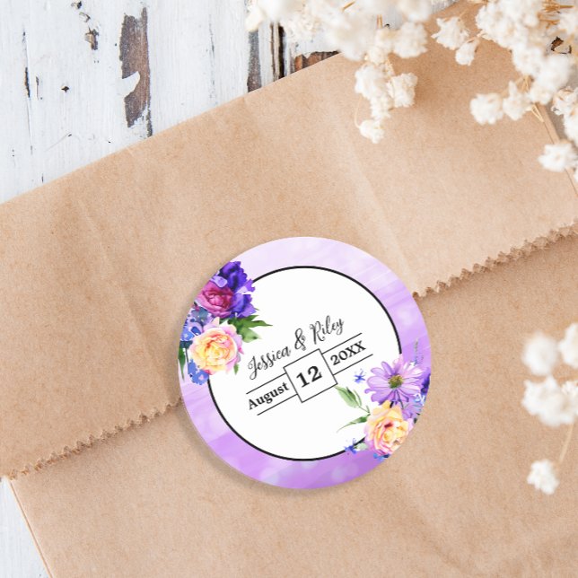 Pegatina Redonda Boda floral bonito morado elegante (Subido por el creador)