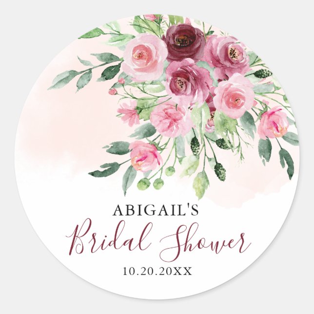 Pegatina Redonda Boda Floral Borgoña Baño (Anverso)