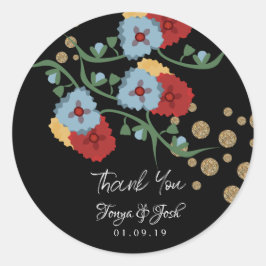 Pegatina Redonda Boda floral botánico mexicano gracias Purpurina