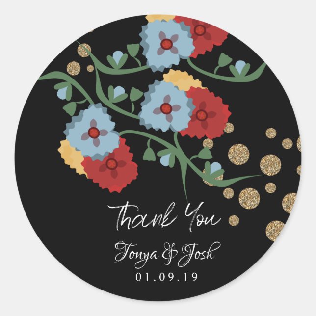 Pegatina Redonda Boda floral botánico mexicano gracias Purpurina (Anverso)