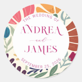 Pegatina Redonda Boda floral brillante de color