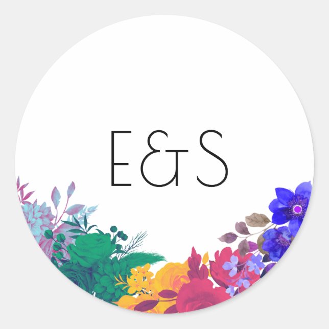Pegatina Redonda Boda floral brillante multicolor (Anverso)