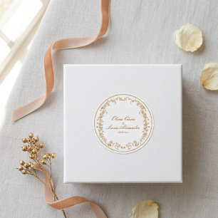 Pegatina Redonda Boda floral chic de blanco y oro real