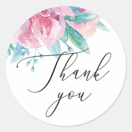 Pegatina Redonda Boda floral color de agua rosa rubor gracias