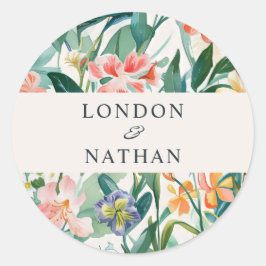 Pegatina Redonda Boda floral colorido y floreciente