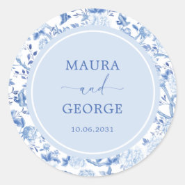 Pegatina Redonda Boda Floral Costero Chinoiserie Blue White