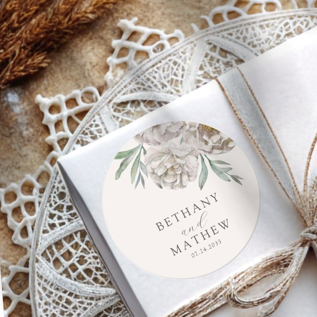 Pegatina Redonda Boda floral crema boho y blanco (Subido por el creador)