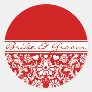 Pegatina Redonda Boda floral Damask Vintage con favoritos