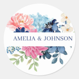 Pegatina Redonda Boda floral de acuarela azul y blanca