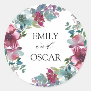 Pegatina Redonda Boda floral de acuarela de Mint & Mauve