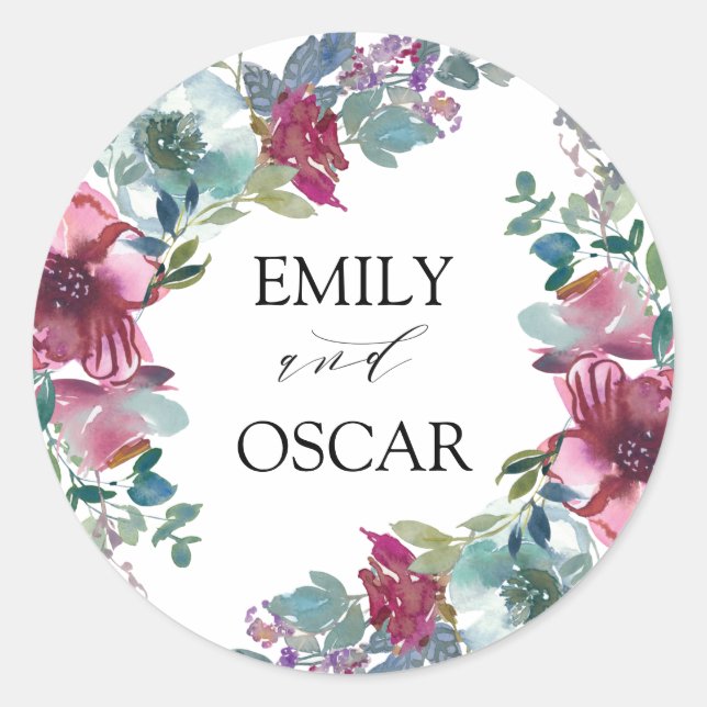 Pegatina Redonda Boda floral de acuarela de Mint & Mauve (Anverso)