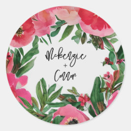 Pegatina Redonda Boda floral de anémona rosa acuarela