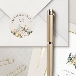 Pegatina Redonda Boda Floral de Beach Seashells