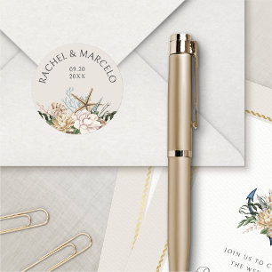 Pegatina Redonda Boda Floral de Beach Seashells