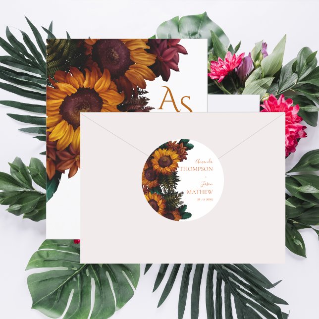 Pegatina Redonda Boda floral de Bonito Naranja quemado ruso (Rustic Burnt Orange Pretty Floral Wedding Classic Round Sticker)