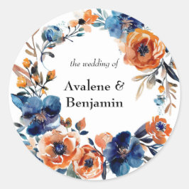 Pegatina Redonda Boda floral de color azul y Naranja