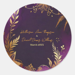 Pegatina Redonda Boda floral de color bonito morado y dorado