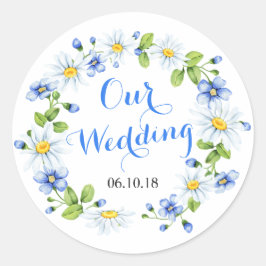 Pegatina Redonda Boda floral de flores de margarita azul azul