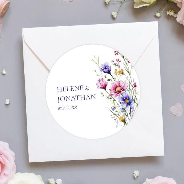 Pegatina Redonda Boda floral de flores silvestres moderno (Modern Wildflower Floral Wedding Classic Round Sticker)