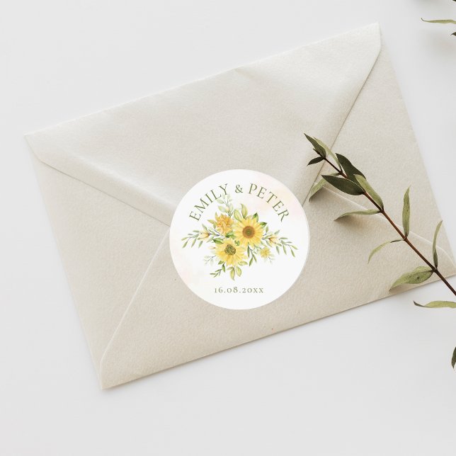 Pegatina Redonda Boda floral de girasol amarillo pálido (Cute Bright Yellow Sunflower Floral Wedding Classic Round Sticker)