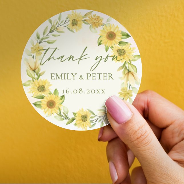 Pegatina Redonda Boda floral de girasol amarillo suave gracias (Cute Yellow Sunflower Floral Wedding Thank You Classic Round Sticker)