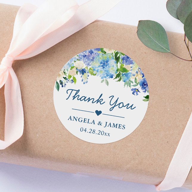 Pegatina Redonda Boda Floral de Hydrangeas Azul romántico Gracias (Subido por el creador)