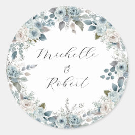 Pegatina Redonda Boda Floral de invierno azul
