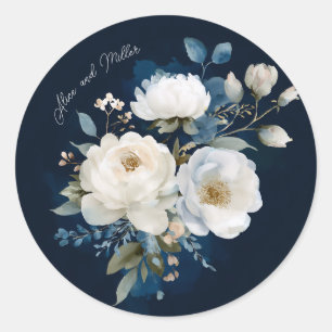 Pegatina Redonda Boda floral de la pintura azul y blanca Gracias