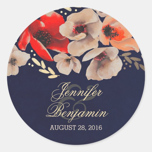 Pegatina Redonda boda floral de marina y oro (Anverso)