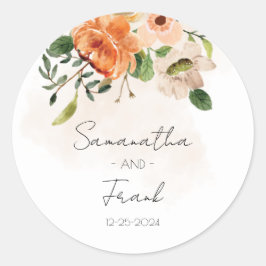 Pegatina Redonda Boda Floral de Melocotón Personalizada